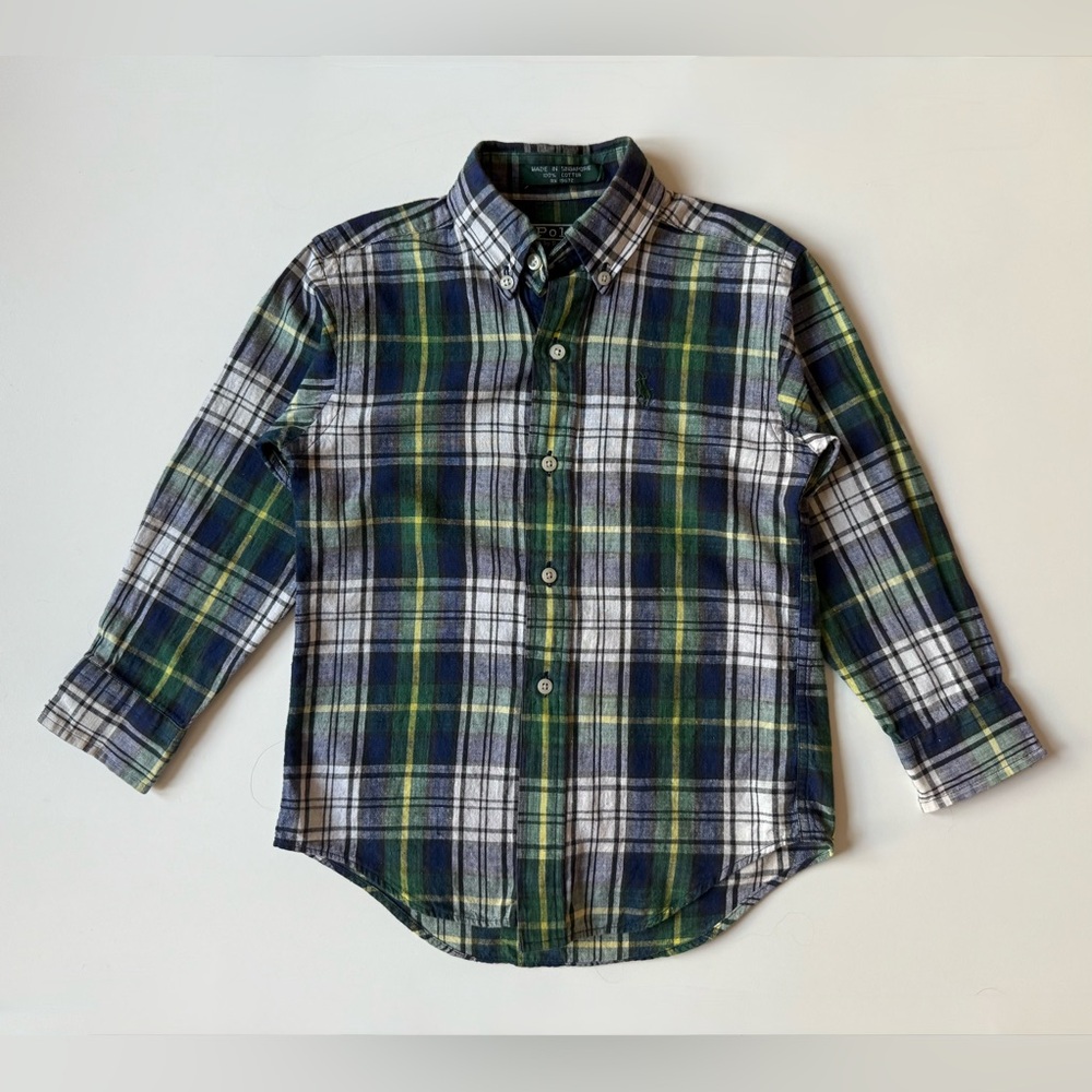 Polo by Ralph Lauren Boys Navy Plaid Long Sleeve Button Down Shirt - Size 5